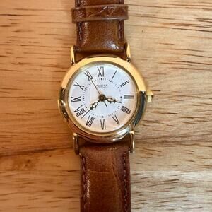 Guess Gold Tone Roman Numeral Quartz Watch Brown Leather Strap Womens Wristwatch